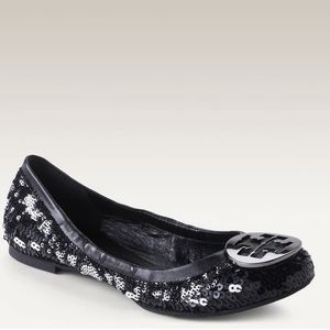 Sequin tory burch black flats. Gunmetal symbol .